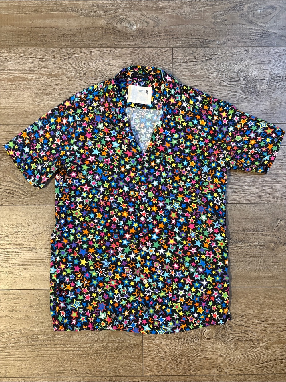 R13 Tony Black Short-Sleeve Button Down Shirt w Multicolor Star Print